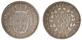 Angola D.José I - 6 Macutas 1770
Angola D.José I - 6 Macutas 1770, MBC+, A.G:11.03, 8,44gr, Silver