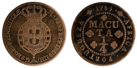 Angola D.Maria I e D.Pedro III - 1/4 Macuta 1785
Angola D.Maria I e D.Pedro III - 1/4 Macuta 1785, A.G:01.01, MBC, 9,69gr, Copper