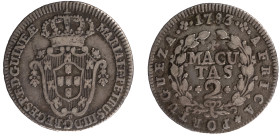 Angola D.Maria I e D.Pedro III - 2 Macutas 1783
Angola D.Maria I e D.Pedro III - 2 Macutas 1783, MBC, A.G:04.01, 2,71gr, Silver
