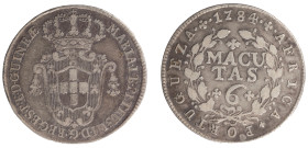 Angola D.Maria I e D.Pedro III - 6 Macutas 1784
Angola D.Maria I e D.Pedro III - 6 Macutas 1784, MBC, A.G:06.01, 8,75gr, Silver