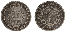 Angola D.Maria I - 6 Macutas 1796
Angola D.Maria I - 6 Macutas 1796, MBC, A.G:06.02, 8,70gr, Silver