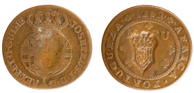 Angola D.Maria II - 1/4 Macuta 1762 with Stamp Shield Crown
Angola D.Maria II - 1/4 Macuta 1762 with Stamp Shield Crown, MBC, A.G:03.01, 8,90gr, Copp...