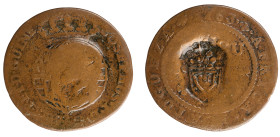 Angola D.Maria II - 1/4 Macuta 1763 with Stamp Shield Crown
Angola D.Maria II - 1/4 Macuta 1763 with Stamp Shield Crown, BC+, A.G:03.02, 7,80gr, Copp...
