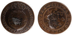 Angola D.Maria II - 1/2 Macuta 1763 with Stamp Shield Crown
Angola D.Maria II - 1/2 Macuta 1763 with Stamp Shield Crown, MBC-, A.G:04.02, 17,85gr, Co...