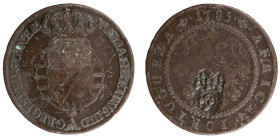 Angola D.Maria II - 1/2 Macuta 1785 with Stamp Shield Crown
Angola D.Maria II - 1/2 Macuta 1785 with Stamp Shield Crown, MBC-, A.G:04.04, 18,64gr, Co...