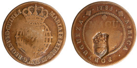 Angola D.Maria II - Macuta 1785 with Stamp Shield Crown
Angola D.Maria II - Macuta 1785 with Stamp Shield Crown, MBC, A.G:05.06, 35,08gr, Copper