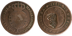 Angola D.Maria II - Macuta 1789 with Stamp Shield Crown
Angola D.Maria II - Macuta 1789 with Stamp Shield Crown, MBC, A.G:05.08, 35,46gr, Copper