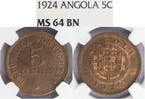 Angola República - 5 Centavos 1924
Angola República - 5 Centavos 1924, NGC MS 64BN, Very Rare in this condition, A.G:06.04, Bronze
