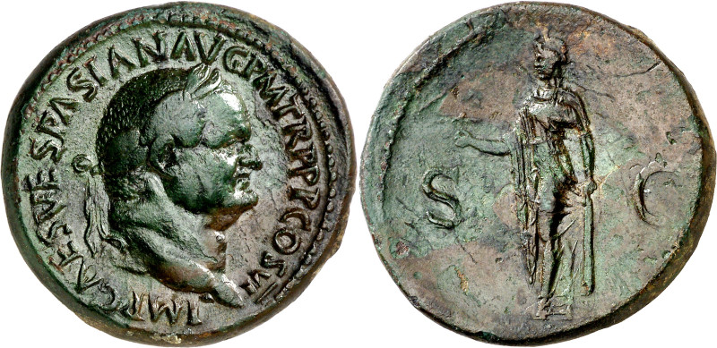 (75 d.C.). Vespasiano. Sestercio. (Spink falta) (Co. 454) (RIC. 816). Pátina ver...
