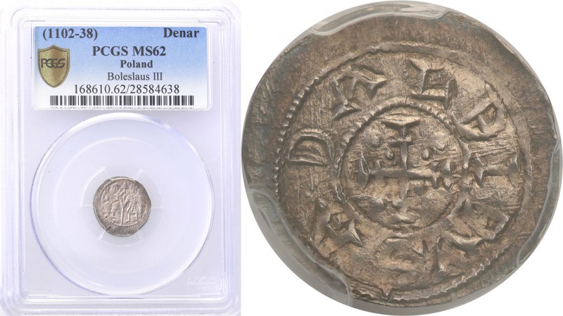 Boleslaw III Krzywousty. Denar (1102-1138) PCGS MS62 (2 MAX) 
Aw: Stojący Bisku...