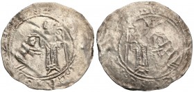 Boleslaw III Krzywousty (1102-1138) Brakteat protekcyjny, 1135-1138 
Aw.: Książę w prawo, na ugiętych kolanach, wyciąga dłonie do św. Wojciecha, któr...