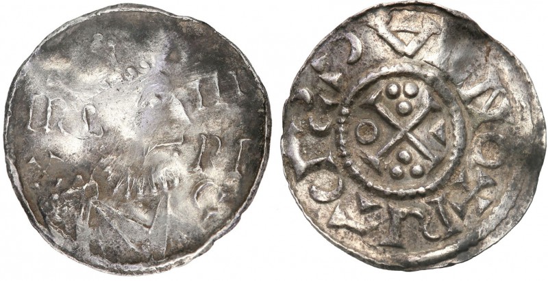 Germany, Bavaria, Augsburg. Henryk II (1002-1024). Denar 
Aw.: Popiersie króla ...