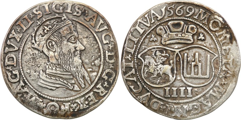 Sigismund II August. Czworak (4 grosze) 1569, Vilnius 
Końcówki napisów L/LITVA...