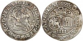 Sigismund II August. Czworak (4 grosze) 1569, Vilnius 
Końcówki napisów L/LITVA.Ładnie wybity egzemplarz, wada blachy na awersie, patyna.Kopicki 3315...