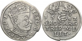 Stephan Batory . Trojak (3 grosze) 1582, Vilnius 
Końcówki napisów L/LIT.Iger V.82.2.b (R)Patyna.
Waga/Weight: 2,38 g Ag Metal: Średnica/diameter: ...