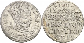 Stephan Batory . Trojak (3 grosze) 1584, Riga 
Ładny trojak. Połysk. Rzadszy typ monety.Ciekawe zestawienie awersu z rewersem.Iger R.84.1.d/c (R1)
W...