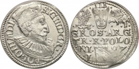 Sigismund III Vasa . Trojak (3 grosze) 1597, Olkusz 
Bardzo ładny, świeży egzemplarz. Zachowany połysk menniczy, minimalne niedobicie.Iger O.97.2.k
...