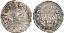 Sigismund III Vasa . Trojak (3 grosze) 1596, Poznan 
Na rewersie u dołu litery I-D rozdzielone znakiem mincerskim. Patyna, delikatny połysk. Rzadszy ...