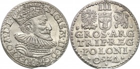 Sigismund III Vasa . Trojak (3 grosze) 1592, Malbork 
Odmiana z trójkątem i pierścieniem po bokach skróconej daty na rewersie.Piękny blask menniczy, ...