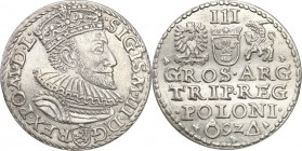 Sigismund III Vasa . Trojak (3 grosze) 1592, Malbork 
Odmiana trojaka z trójkątem i pierścieniem po bokach skróconej daty oraz innym typem ozdobników...