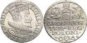 Sigismund III Vasa . Trojak (3 grosze) 1593, Malbork 
Odmiana trojaka z mniejszym zarostem u króla i brodą oddaloną od kryzy.Piękny, menniczy egzempl...