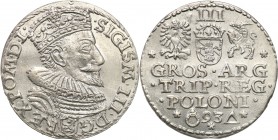 Sigismund III Vasa . Trojak (3 grosze) 1593, Malbork 
Odmiana trojaka z mniejszym zarostem u króla i brodą oddaloną od kryzy.Piękny połysk. Minimalni...