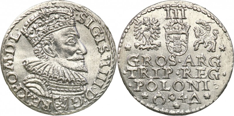 Sigismund III Vasa . Trojak (3 grosze) 1594, Malbork 
Odmiana z otwartym pierśc...