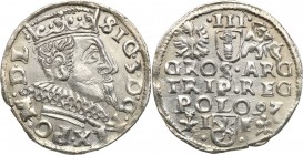 Sigismund III Vasa . Trojak (3 grosze) 1597, Wschowa 
Szeroka głowa króla, oraz kryza dzieląca napis otokowy w dwóch miejscach na awersie.Połysk, del...