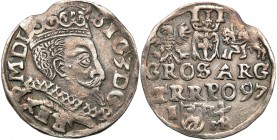 Sigismund III Vasa . Trojak (3 grosze) 1597, Lublin 
Rzadsza odmiana trojaka z monogramem Melchioira Reysnera bez obwódki.Stara patyna.Iger 97.25.b (...