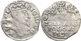 Sigismund III Vasa . Trojak (3 grosze) 1598, Lublin 
Pełna data u dołu rewersu. Rzadszy typ monety.Moneta wybita zużytym stemplem.Iger L.98.4.a (R)
...