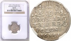Sigismund III Vasa . Trojak (3 grosze) 1601, Cracow NGC AU55 
Na awersie głowa króla zwrócona w prawo, u dołu rewersu litera K rozdziela pełną datę.D...