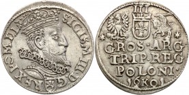 Sigismund III Vasa . Trojak (3 grosze) 1601, Cracow 
Na awersie głowa króla zwrócona w prawo, u dołu rewersu litera K rozdziela pełną datę.Zachowały ...