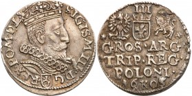 Sigismund III Vasa . Trojak (3 grosze) 1605, Cracow 
Głowa króla zwrócona w prawo.Delikatny połysk, wiekowa patyna. Ładnie zachowany trojak.K.05.1.a ...