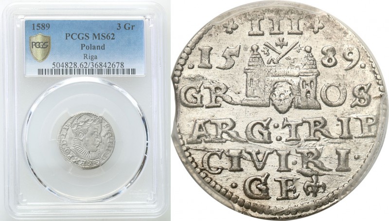 Sigismund III Vasa . Trojak (3 grosze) 1589, Riga PCGS MS62 
Awers z tego sameg...