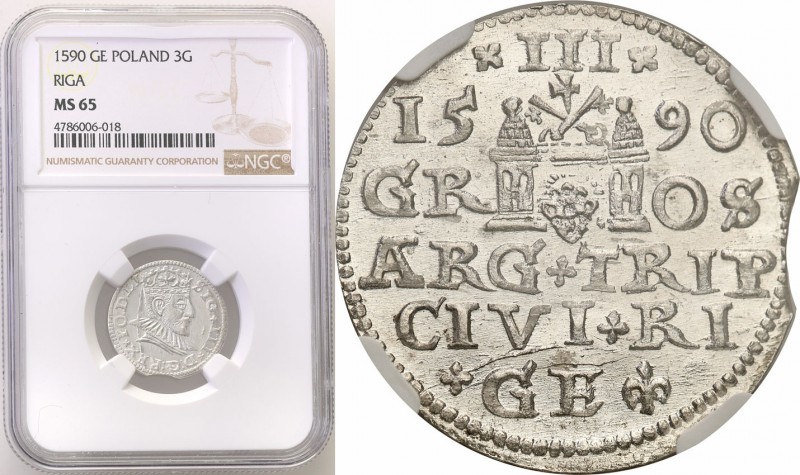 Sigismund III Vasa . Trojak (3 grosze) 1590, Riga NGC MS65 (2 MAX) 
Odmiana z m...