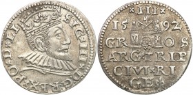 Sigismund III Vasa . Trojak (3 grosze) 1592, Riga 
Bardzo ładny egzemplarz z zachowanym połyskiem menniczym. Delikatna patyna.Iger R.92.1.b
Waga/Wei...