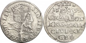 Sigismund III Vasa . Trojak (3 grosze) 1593, Riga 
Interpunkcja wyłącznie w postaci kropek na awersie.Moneta wybita zużytym stemplem. Iger R.93.1.b
...