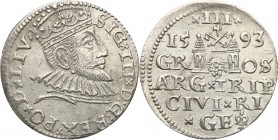 Sigismund III Vasa . Trojak (3 grosze) 1593, Riga 
Połysk, wyraźne detale.Iger R.93.1.c
Waga/Weight: 2,46 g Ag Metal: Średnica/diameter: 
Stan zach...
