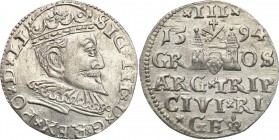 Sigismund III Vasa . Trojak (3 grosze) 1594, Riga 
Piękny połysk mennicze, minimalne niedobicie.Iger R.94.1.h
Waga/Weight: 2,22 g Ag Metal: Średnica...