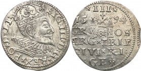 Sigismund III Vasa . Trojak (3 grosze) 1594, Riga 
Podobny do odmiany R.94.1.e, ale z dwukropkiem na końcu awersu.Ładny egzemplarz. połysk.Iger R.94....