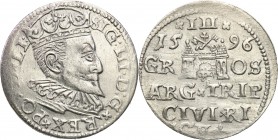 Sigismund III Vasa . Trojak (3 grosze) 1596, Riga 
Nienotowana odmiana interpunkcyjna.Połysk. Minimalne niedobicie.Iger R.95.1.d
Waga/Weight: 2,58 g...