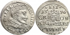 Sigismund III Vasa . Trojak (3 grosze) 1596, Riga 
Brak kropki na końcu napisu na awersie.Połysk, ostre detale. Pięknie zachowana moneta.Iger R.96.1....