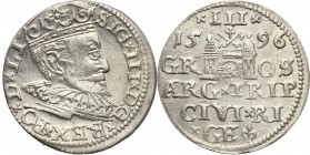 Sigismund III Vasa . Trojak (3 grosze) 1596, Riga 
Brak kropki na końcu napisu na awersie.Połysk, wyraźne detale.Iger R.96.1.d - podobny
Waga/Weight...