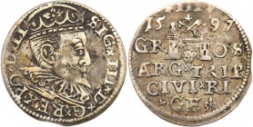 Sigismund III Vasa . Trojak (3 grosze) 1597, Riga 
Patyna. Nienotowany typ interpunkcji.Iger R.97.1.b
Waga/Weight: 2,37 g Ag Metal: Średnica/diamete...