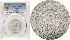 Sigismund III Vasa . Szostak (6 groszy) 1596, Malbork PCGS MS62 (2 MAX) 
Aw.: Głowa króla w prawo, w koronie i zbroi. U dołu w napisie herb Lewart (J...