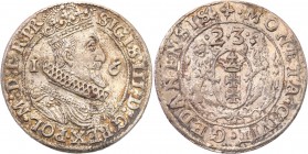 Sigismund III Vasa . Ort (18 groszy) 1623, Gdansk / Danzig 
Aw.: Popiersie w koronie i zbroi z wyłożonym krótkim koronkowym kołnierzem, na piersi Ord...