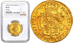 John II Casimir . 2 Ducat (Dukaten) 1656, Cracow NGC MS62 (MAX) - RARE R8 
Aw.: Popiersie w koronie i zbroi dekorowanej nitami i z szarfą dowódcy zaw...