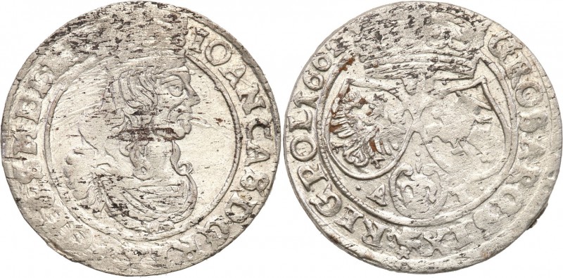 John II Casimir . Szostak (6 groszy) 1662 AT, Cracow 
Herb Ślepowron na rewersi...