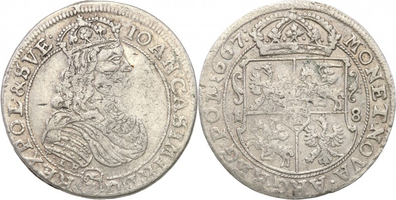 John II Casimir . Ort (18 groszy) 1667 TLB, Bydgoszcz 
TLB pod rękawem króla i ...