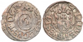 John II Casimir Elbing Schilling (szelag) 1657, Swedish occupation, Elbing (R7) 
Aw.: Monogram i tytulatura króla Szwecji Karola Gustawa.Rw.: Herb mi...